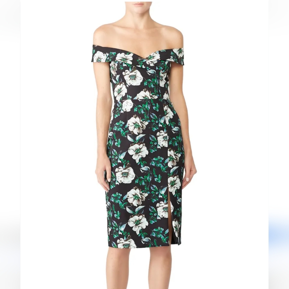Black Halo Hepburn Floral Black Green Midi Sheath Dress Size 6